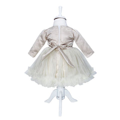 Rochie de culoare crem din satin si tulle pentru botez, 2 piese, rochie si bentita, REC1175