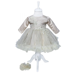 Rochie de culoare crem din satin si tulle pentru botez, 2 piese, rochie si bentita, REC1175