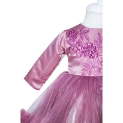 Rochie de culoare mov plamaniu din satin si tulle pentru botez, 2 piese, rochita si bentita, REC1172