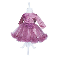 Rochie de culoare mov plamaniu din satin si tulle pentru botez, 2 piese, rochita si bentita, REC1172