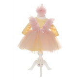 Rochie galben-roz cu pene pentru botez, 2 piese, rochie si bentita, Recostore, REC1692