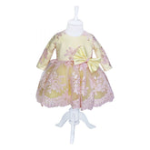 Rochie galbena cu broderie roz si funda pentru botez, 2 piese, rochie, bentita, REC830