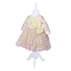 Rochie galbena cu broderie roz si funda pentru botez, 2 piese, rochie, bentita, REC830