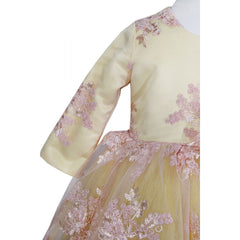 Rochie galbena cu broderie roz si funda pentru botez, 2 piese, rochie, bentita, REC830