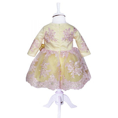 Rochie galbena cu broderie roz si funda pentru botez, 2 piese, rochie, bentita, REC830