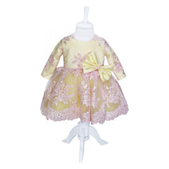 Rochie galbena cu broderie roz si funda pentru botez, 2 piese, rochie, bentita, REC830