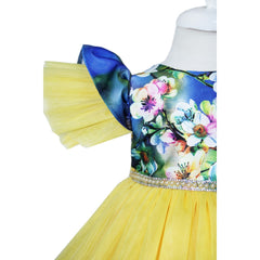 Rochie galbena cu imprimeu floral multicolor si trena, 3 piese, rochie, bentita, botosi , REC1194