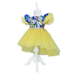 Rochie galbena cu imprimeu floral multicolor si trena, 3 piese, rochie, bentita, botosi , REC1194