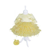 Rochie galbena cu pene pentru botez, 2 piese, rochie, bentita, REC823