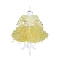 Rochie galbena cu pene pentru botez, 2 piese, rochie, bentita, REC823