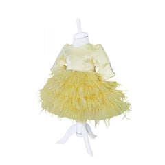 Rochie galbena cu pene pentru botez, 2 piese, rochie, bentita, REC823