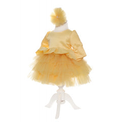 Rochie galbena cu volanase pentru botez, 2 piese, rochie si bentita, Recostore, REC1708