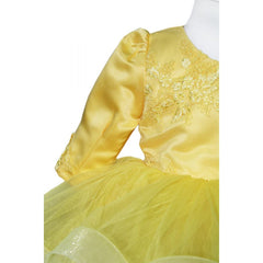 Rochie galbena cu volanase si broderie aplicata pentru botez, 2 piese, rochie, bentita, REC827