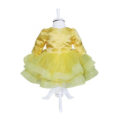 Rochie galbena cu volanase si broderie aplicata pentru botez, 2 piese, rochie, bentita, REC827