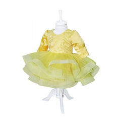 Rochie galbena cu volanase si broderie aplicata pentru botez, 2 piese, rochie, bentita, REC827