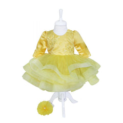 Rochie galbena cu volanase si broderie aplicata pentru botez, 2 piese, rochie, bentita, REC827