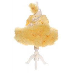 Rochie galbena cu volanase si broderie aplicata pentru botez, 2 piese, rochie si bentita, Recostore, REC1685