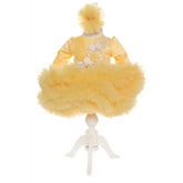 Rochie galbena cu volanase si broderie aplicata pentru botez, 2 piese, rochie si bentita, Recostore, REC1685