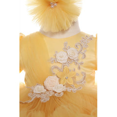 Rochie galbena cu volanase si broderie aplicata pentru botez, 2 piese, rochie si bentita, Recostore, REC1685