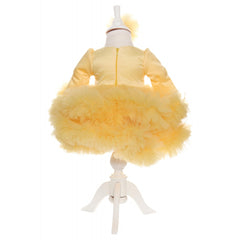 Rochie galbena cu volanase si broderie aplicata pentru botez, 2 piese, rochie si bentita, Recostore, REC1685