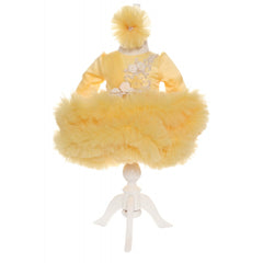 Rochie galbena cu volanase si broderie aplicata pentru botez, 2 piese, rochie si bentita, Recostore, REC1685