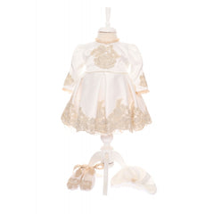 Rochie ivoire cu broderie, pentru botez, 3 piese, rochie, turban si pantofiori, Recostore, REC1908