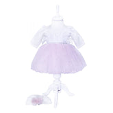 Rochie ivoire-roz cu perlute si pene pentru botez, 2 piese, rochie, turban, REC593
