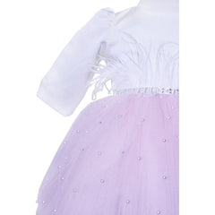 Rochie ivoire-roz cu perlute si pene pentru botez, 2 piese, rochie, turban, REC593