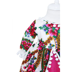 Rochie pentru botez, alb cu imprimeu floral stil gipsy pentru fetite, 2 piese rochie si bentita, REC1186