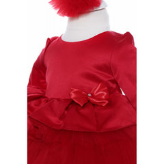 Rochie rosie cu volanase pentru botez, 2 piese, rochie si bentita, Recostore, REC1706