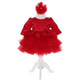 Rochie rosie cu volanase pentru botez, 2 piese, rochie si bentita, Recostore, REC1706