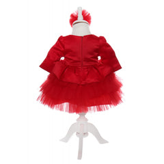 Rochie rosie cu volanase pentru botez, 2 piese, rochie si bentita, Recostore, REC1706