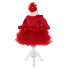 Rochie rosie cu volanase pentru botez, 2 piese, rochie si bentita, Recostore, REC1706