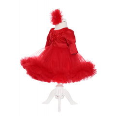 Rochie rosie cu volanase si broderie aplicata pentru botez, 2 piese, rochie si bentita, Recostore, REC1704