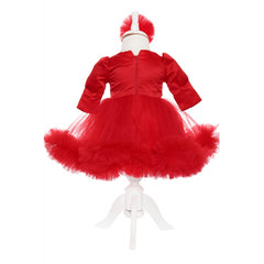 Rochie rosie cu volanase si broderie aplicata pentru botez, 2 piese, rochie si bentita, Recostore, REC1704