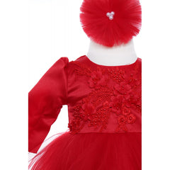 Rochie rosie cu volanase si broderie aplicata pentru botez, 2 piese, rochie si bentita, Recostore, REC1704