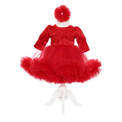 Rochie rosie cu volanase si broderie aplicata pentru botez, 2 piese, rochie si bentita, Recostore, REC1704