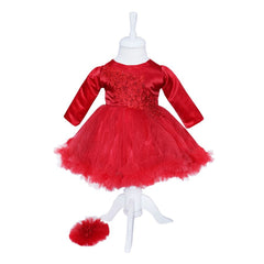 Rochie rosie din satin si tulle pentru botez, 2 piese, rochita si bentita, REC1170