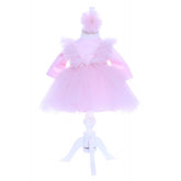 Rochie roz cu pene pentru botez, 2 piese, rochie si bentita, Recostore, REC1691