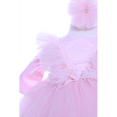 Rochie roz cu pene pentru botez, 2 piese, rochie si bentita, Recostore, REC1691