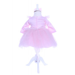 Rochie roz cu pene pentru botez, 2 piese, rochie si bentita, Recostore, REC1691