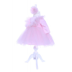 Rochie roz cu pene pentru botez, 2 piese, rochie si bentita, Recostore, REC1691