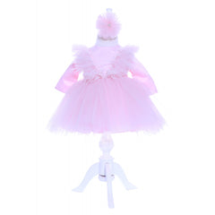 Rochie roz cu pene pentru botez, 2 piese, rochie si bentita, Recostore, REC1691