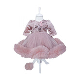 Rochie roz pudrat cu aplicatii decorative pentru botez, 2 piese, rochie, bentita, REC825