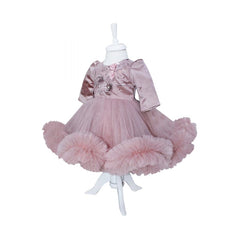 Rochie roz pudrat cu aplicatii decorative pentru botez, 2 piese, rochie, bentita, REC825