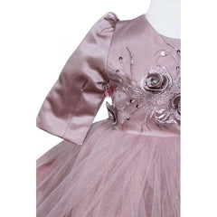 Rochie roz pudrat cu aplicatii decorative pentru botez, 2 piese, rochie, bentita, REC825