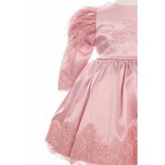 Rochie roz pudrat cu broderie pentru botez, 2 piese, rochie, turban, RECREC1899