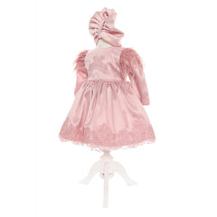 Rochie roz pudrat cu broderie pentru botez, 2 piese, rochie, turban, RECREC1899