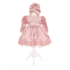 Rochie roz pudrat cu broderie pentru botez, 2 piese, rochie, turban, RECREC1899