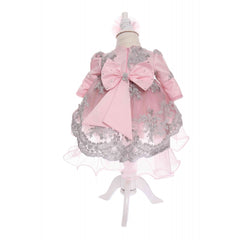 Rochie roz pudrat cu dantela, pentru botez, 3 piese, rochie, bentita si pantofiori, Recostore, REC1913